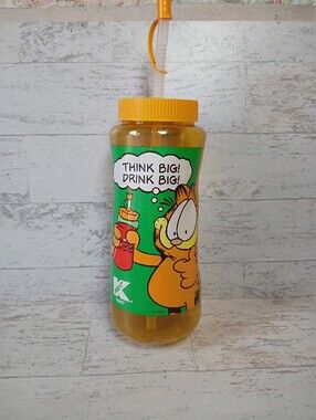 Vintage Garfield Water Bottle Think Big Drink Big Straw KMART Exclusive